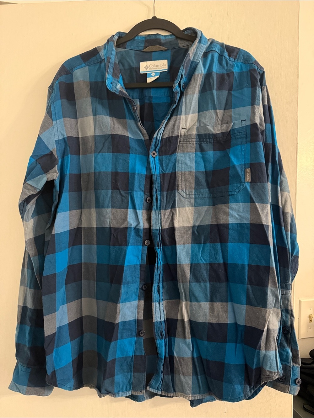Columbia Men's Blue and Navy Plaid Button-Down Shirt